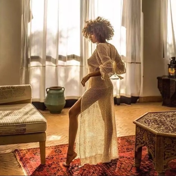 Cream Beige Crochet Maxi Dress Coverup w/Long Quarter Balloon Sleeves&Leg Slit - Picture 5 of 8